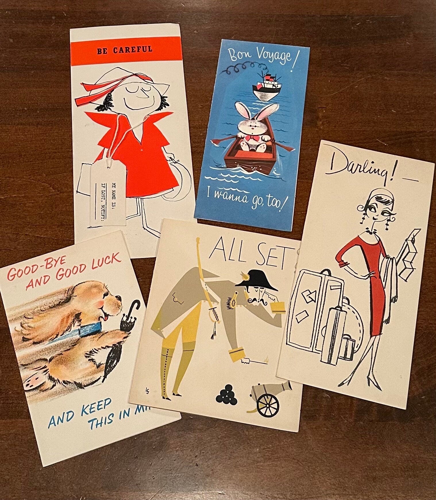 LOT OF 5 Vintage Midcentury Travel Bon Voyage Farewell Greeting Cards | Vintage Travel Ephemera
