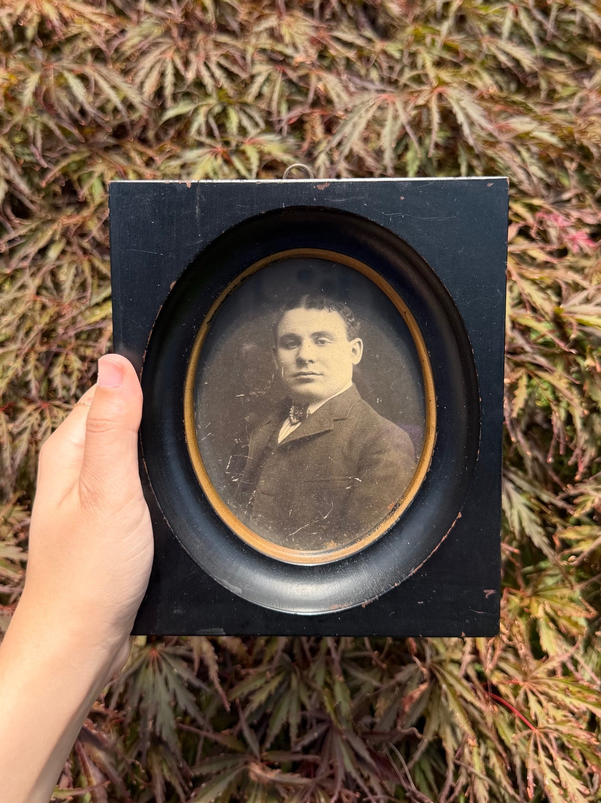Antique Victorian Gentleman Portrait in Rectangular Black Wood Frame Gold Trim