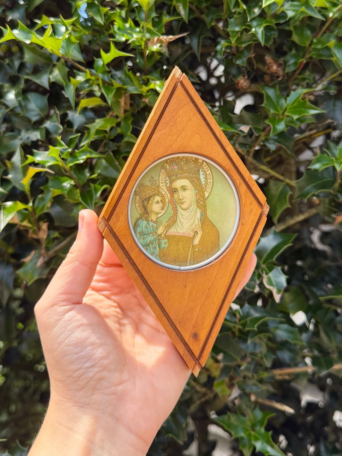1950s Diamond Shaped Wood Saint Anne de Beaupre Souvenir Quebec Wall Decor