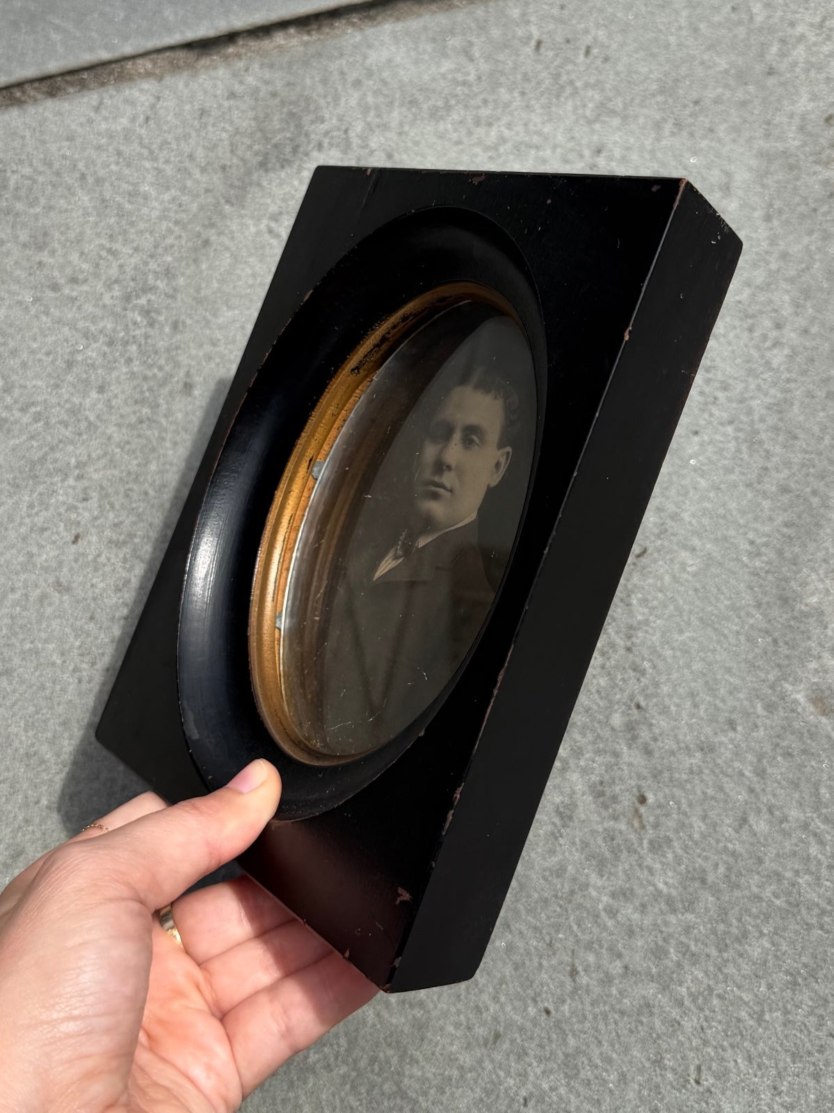 Antique Victorian Gentleman Portrait in Rectangular Black Wood Frame Gold Trim