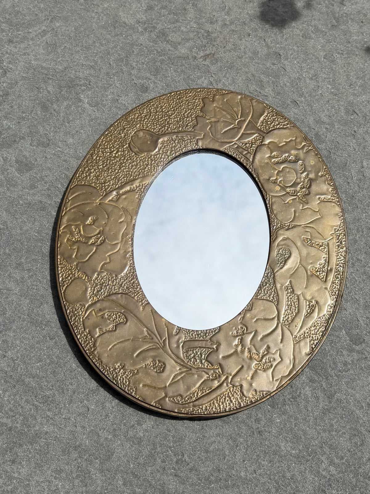 Antique Turn of the Century Arts & Crafts Era Oval Punched Brass Mirror 9.3x7.9"