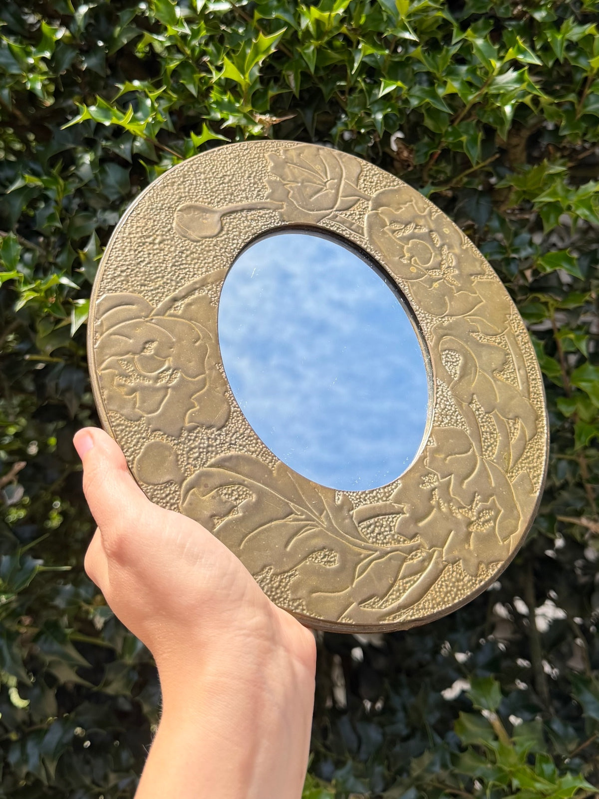Antique Turn of the Century Arts & Crafts Era Oval Punched Brass Mirror 9.3x7.9"