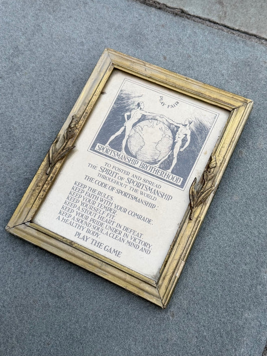 Antique 1920s 1930s Framed Art Deco Sportsmanship Brotherhood Fair Play Code