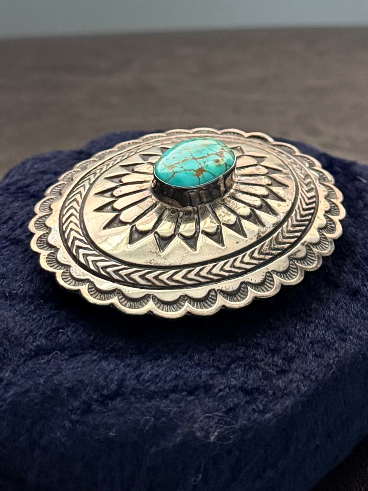 1970s 1980s Signed Navajo EC Sterling Silver Genuine Turquoise Concho Belt Buckle
