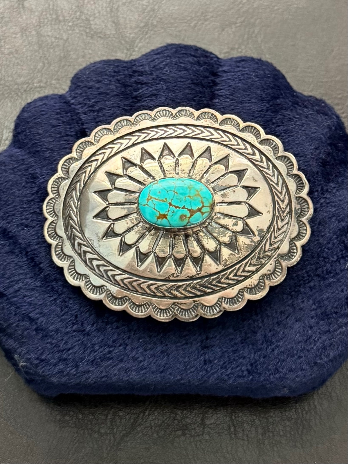 1970s 1980s Signed Navajo EC Sterling Silver Genuine Turquoise Concho Belt Buckle