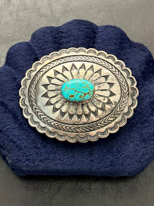 1970s 1980s Signed Navajo EC Sterling Silver Genuine Turquoise Concho Belt Buckle