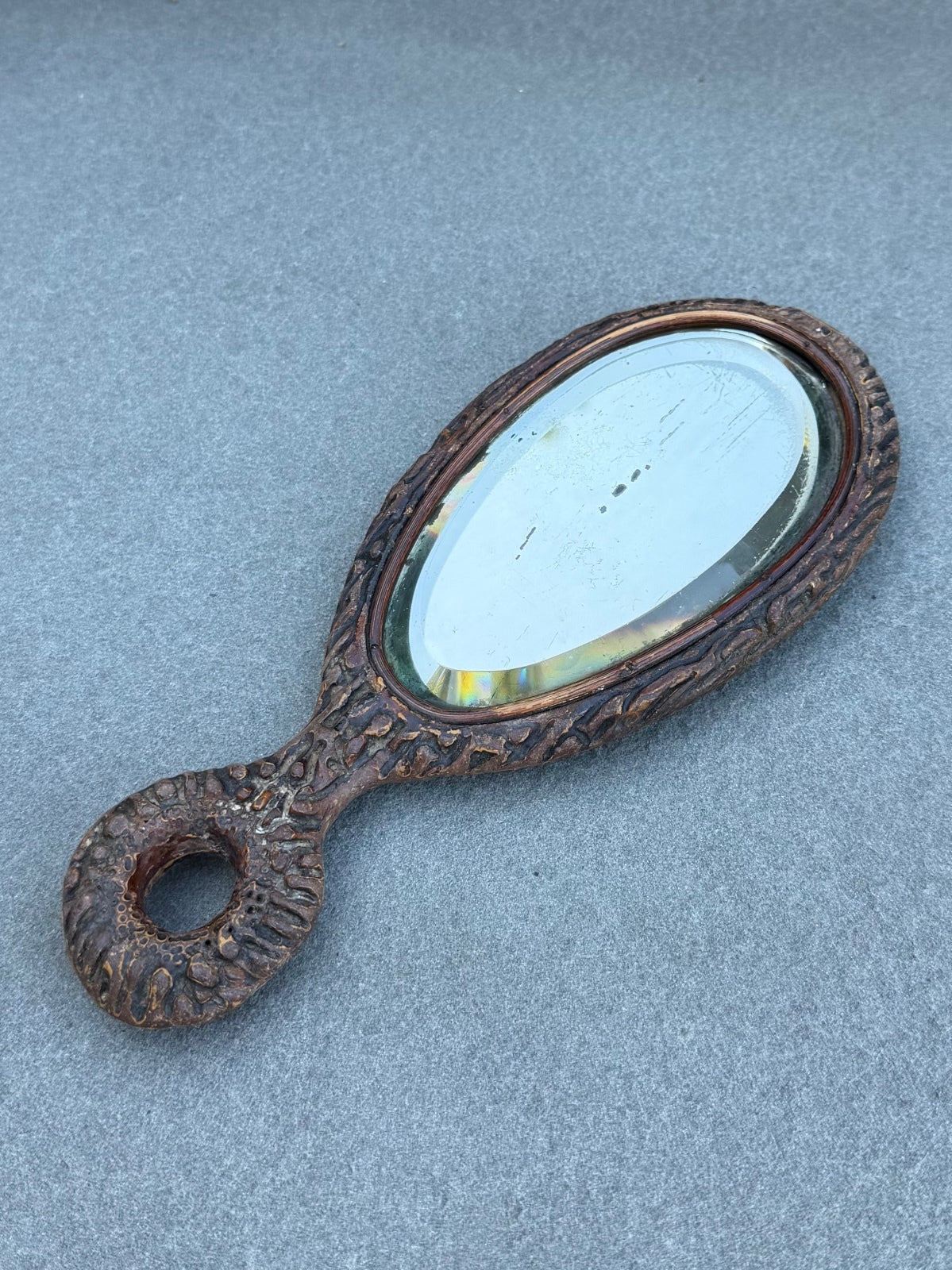 Antique Victorian Folk Art Faux Bois Antler Horn Beveled Glass Hand Mirror