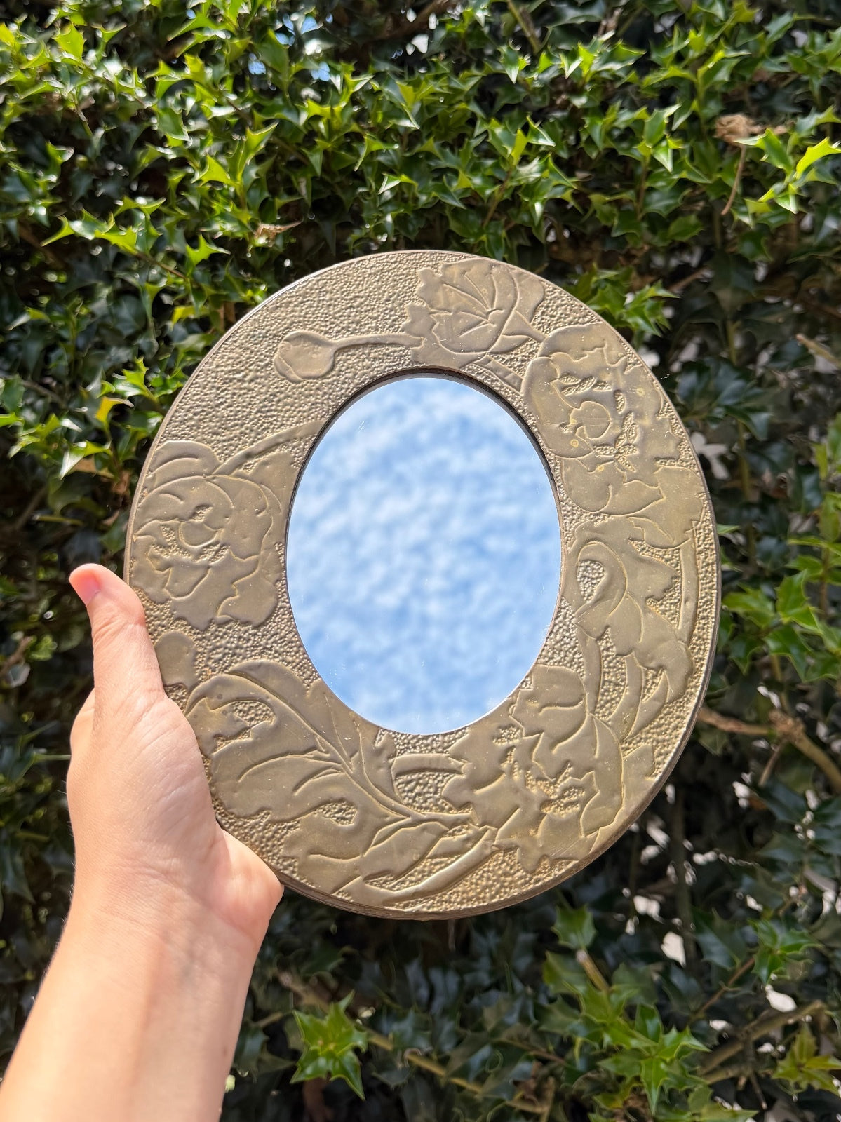 Antique Turn of the Century Arts & Crafts Era Oval Punched Brass Mirror 9.3x7.9"
