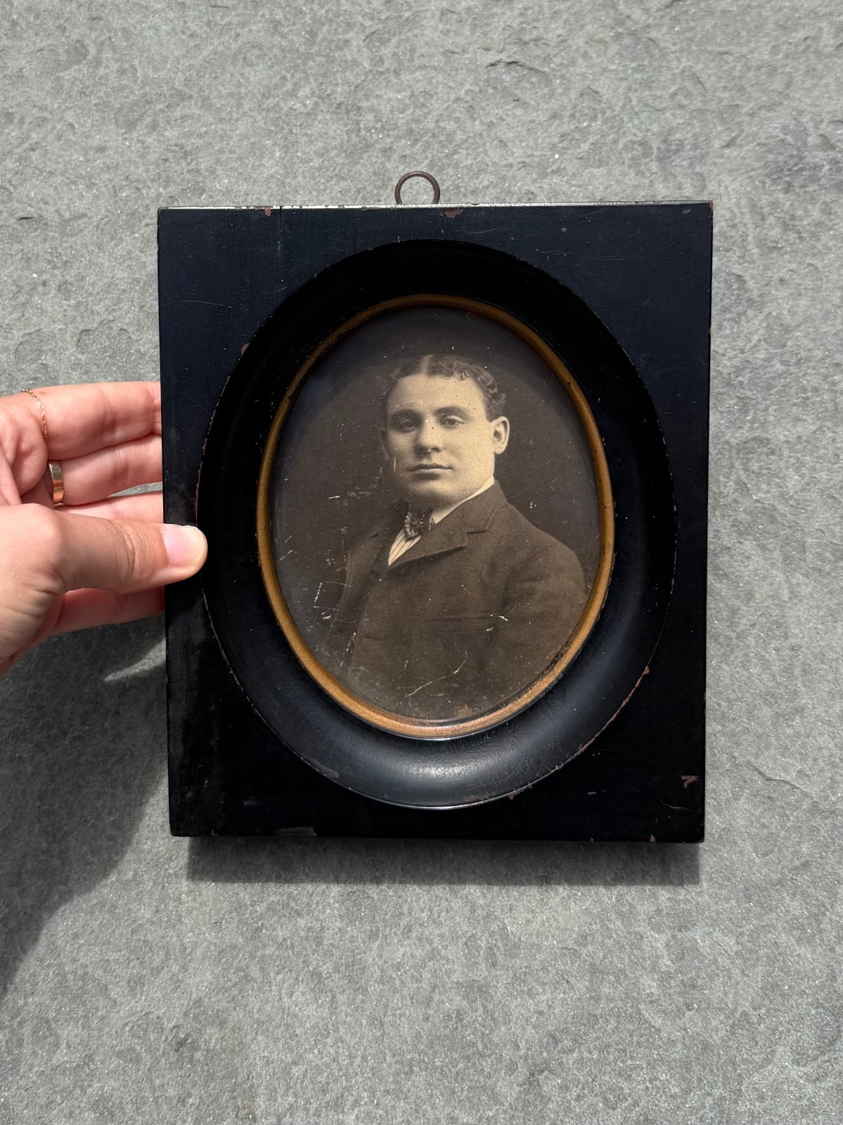 Antique Victorian Gentleman Portrait in Rectangular Black Wood Frame Gold Trim