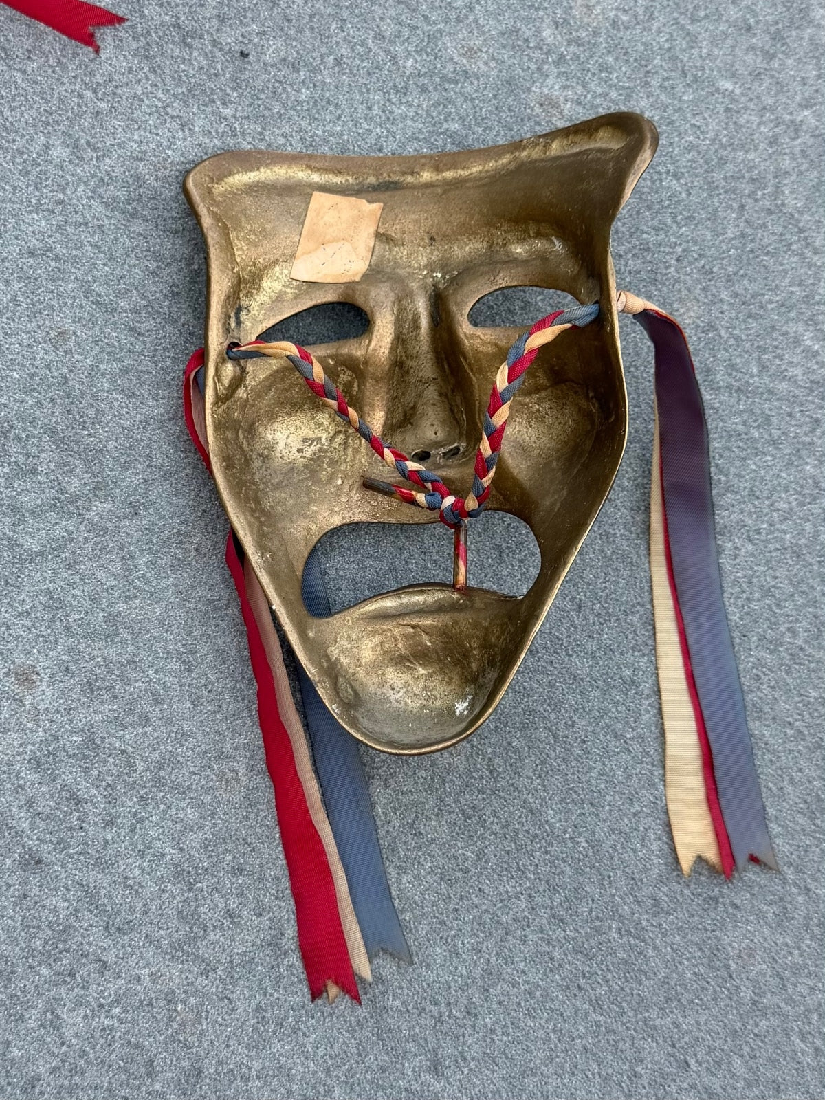 Vintage Midcentury Solid Brass Comedy and Tragedy Theater Wall Masks with Ribbon