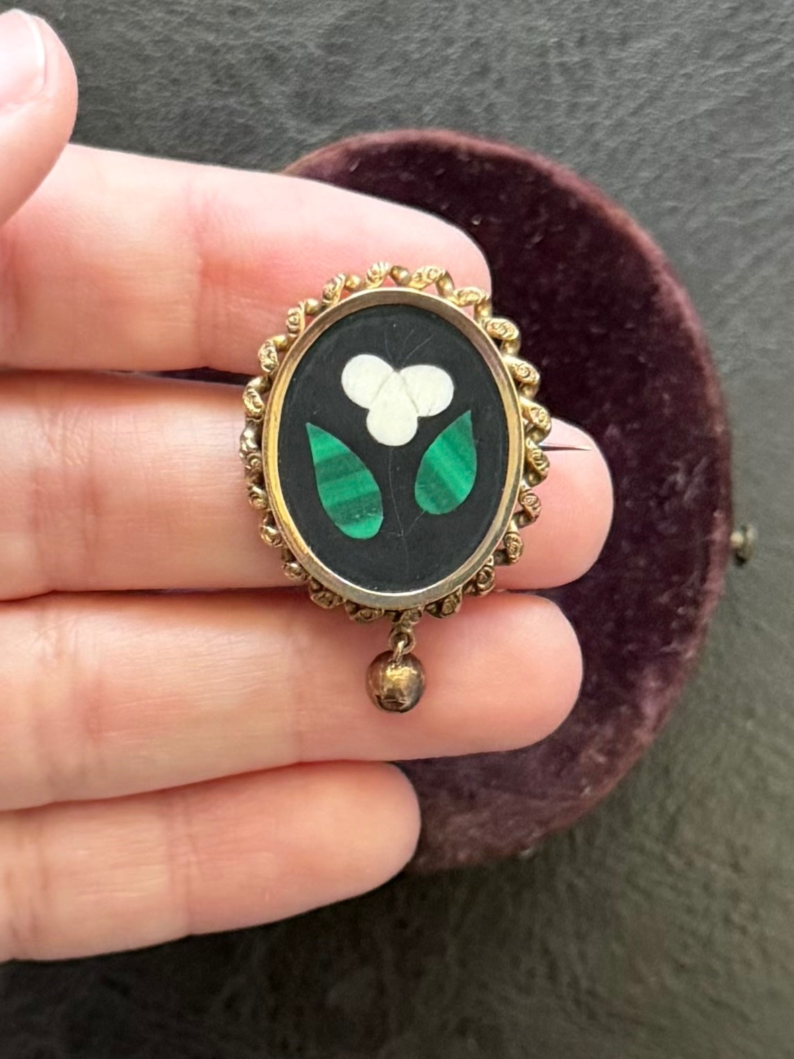 Antique Victorian 14k Gold Italian Pietra Dura Floral Mosaic Hardstone Brooch
