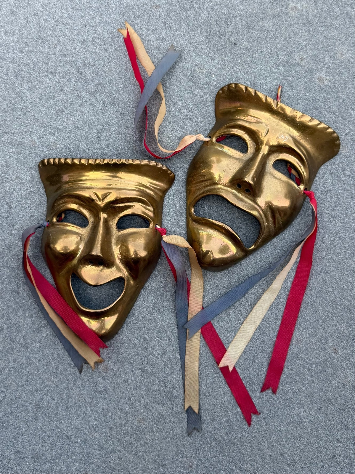 Vintage Midcentury Solid Brass Comedy and Tragedy Theater Wall Masks with Ribbon