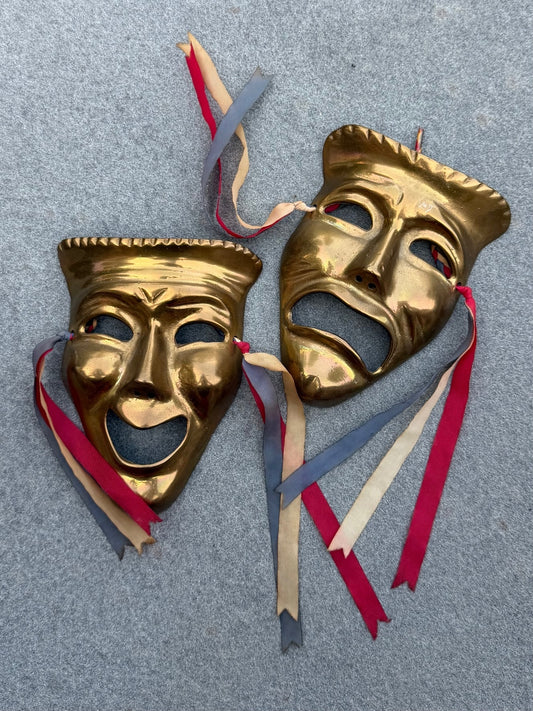 Vintage Midcentury Solid Brass Comedy and Tragedy Theater Wall Masks with Ribbon