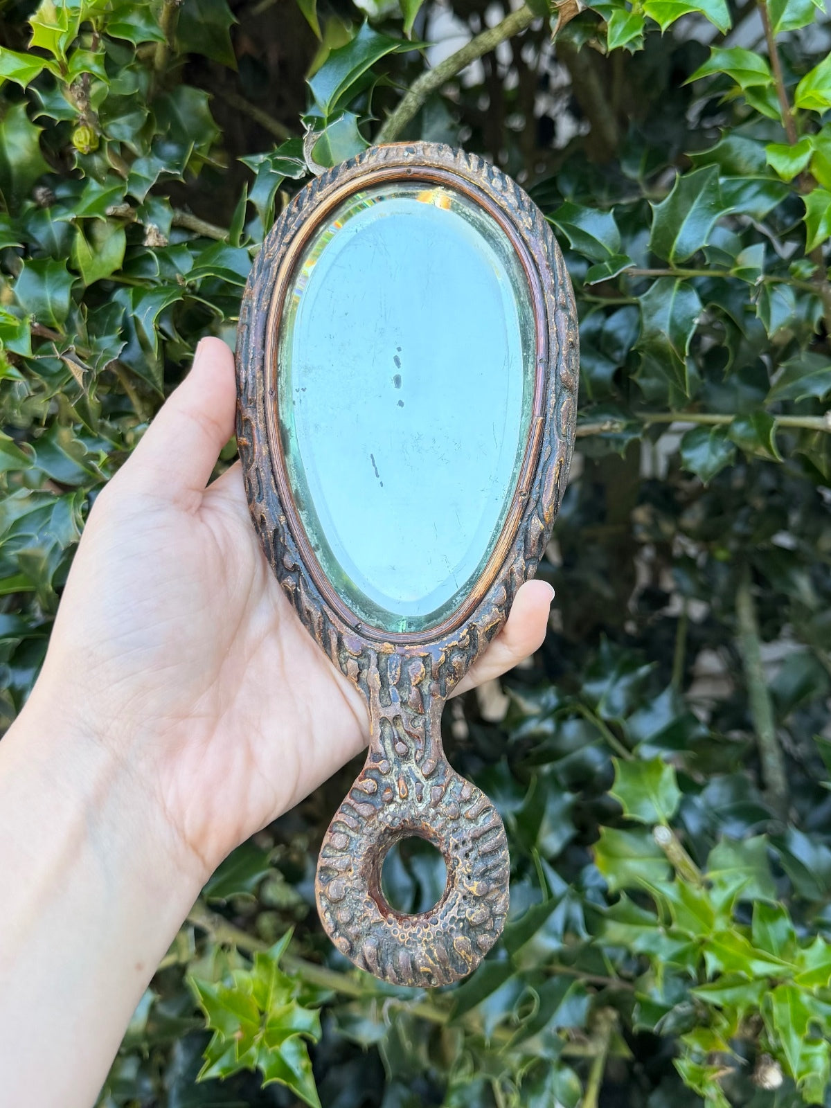 Antique Victorian Folk Art Faux Bois Antler Horn Beveled Glass Hand Mirror