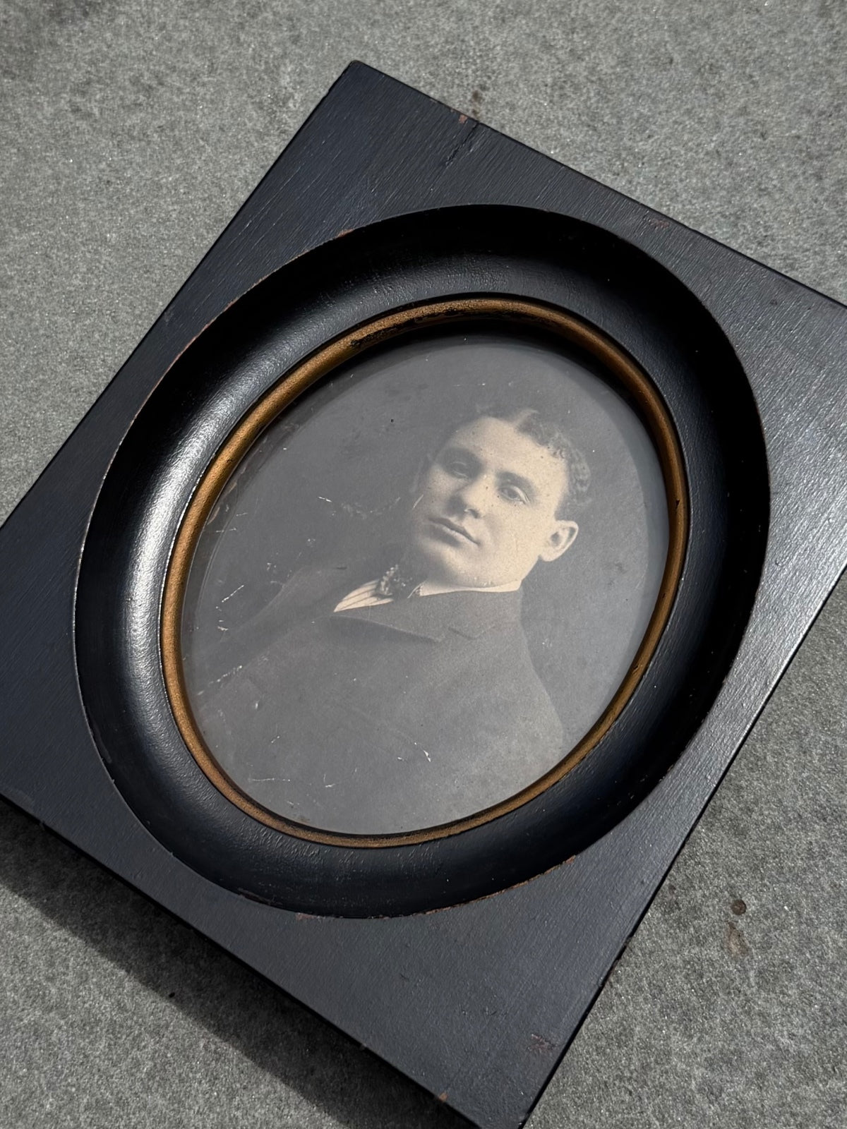 Antique Victorian Gentleman Portrait in Rectangular Black Wood Frame Gold Trim