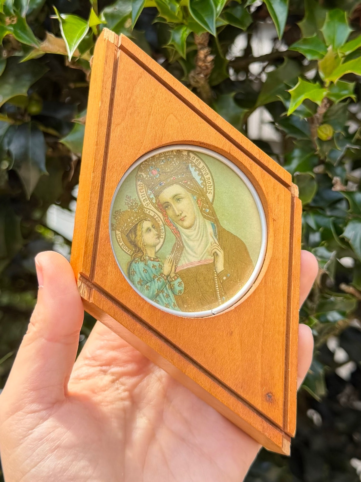 1950s Diamond Shaped Wood Saint Anne de Beaupre Souvenir Quebec Wall Decor