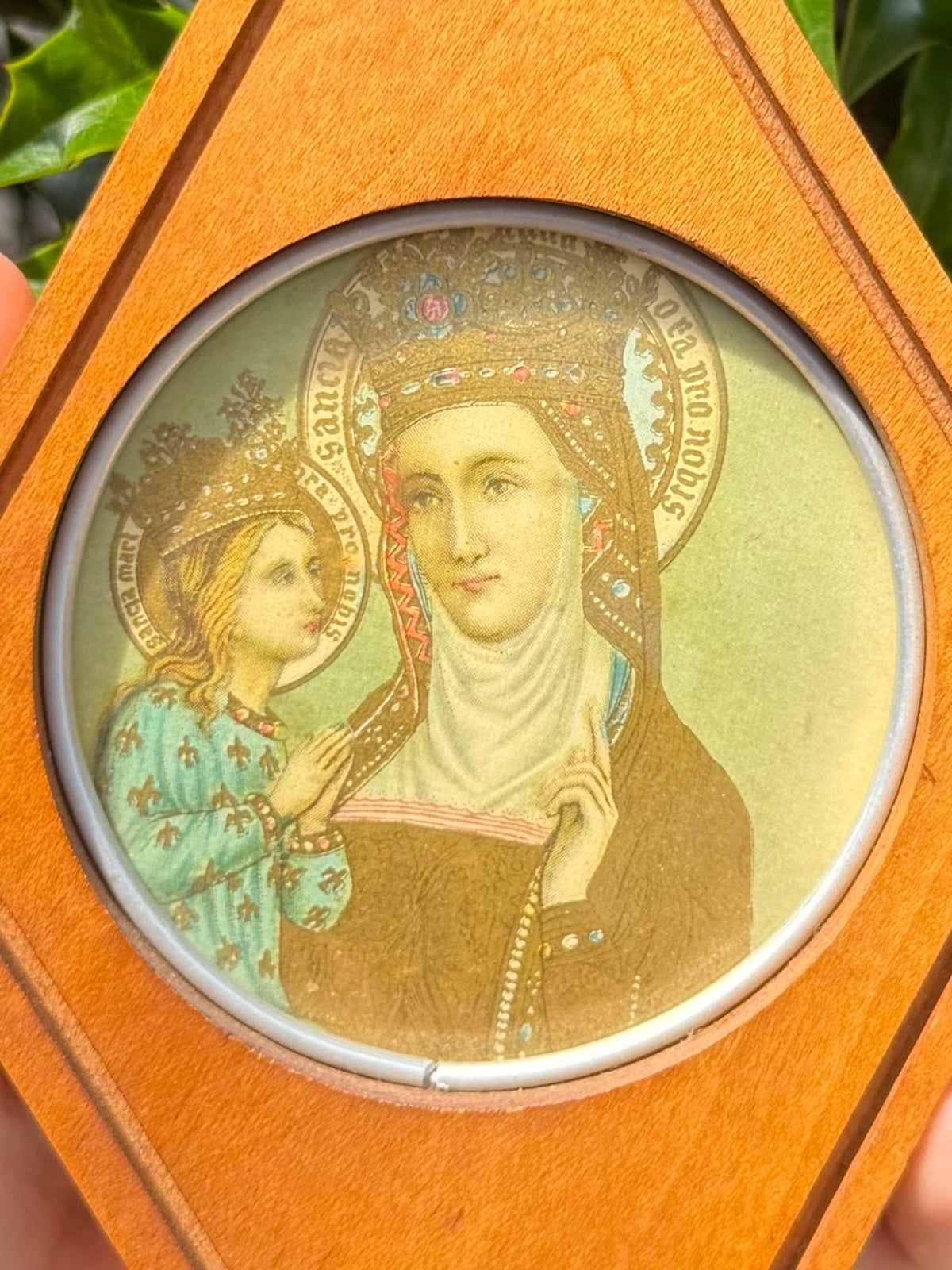 1950s Diamond Shaped Wood Saint Anne de Beaupre Souvenir Quebec Wall Decor