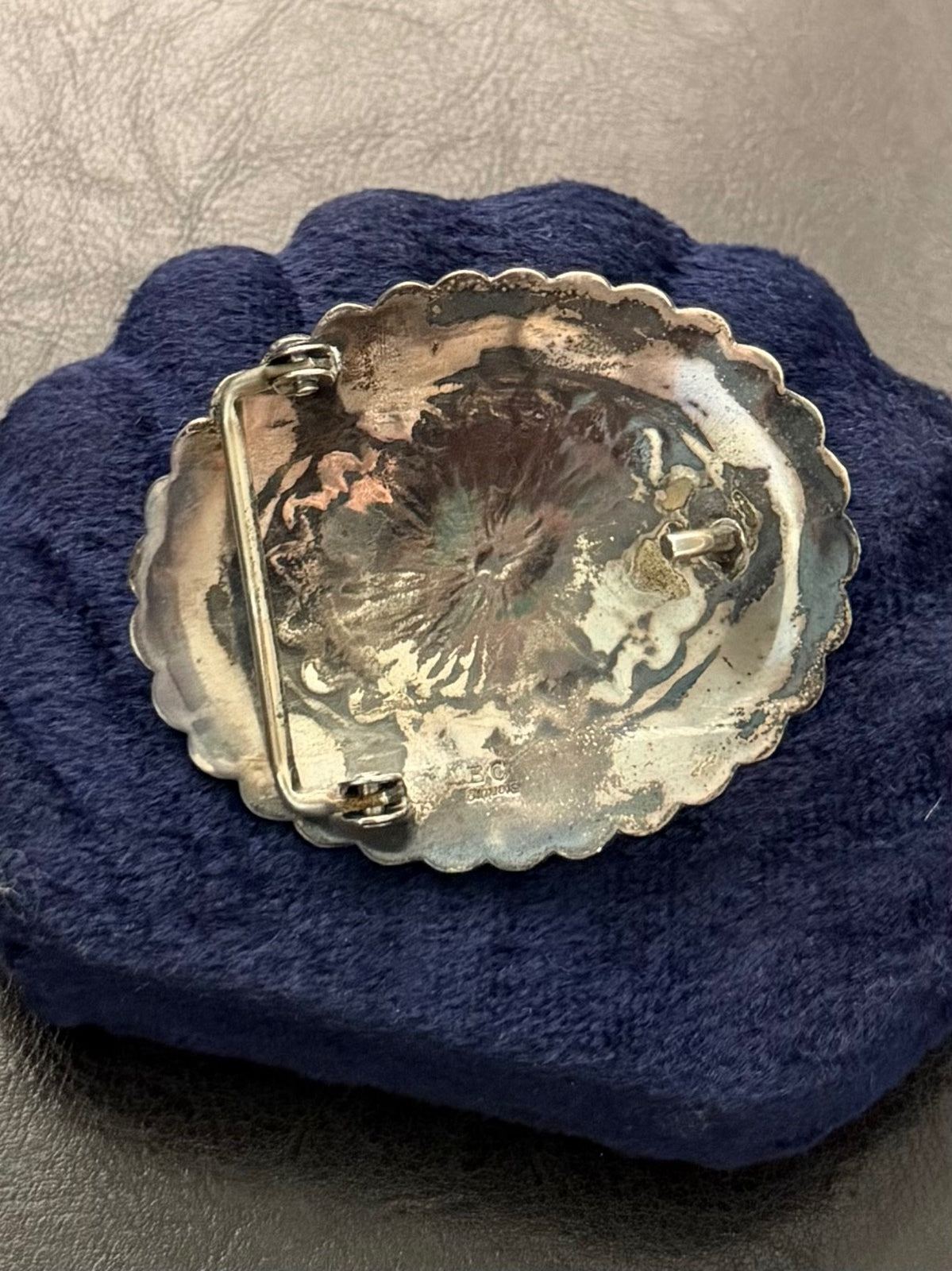 1970s 1980s Signed Navajo EC Sterling Silver Genuine Turquoise Concho Belt Buckle