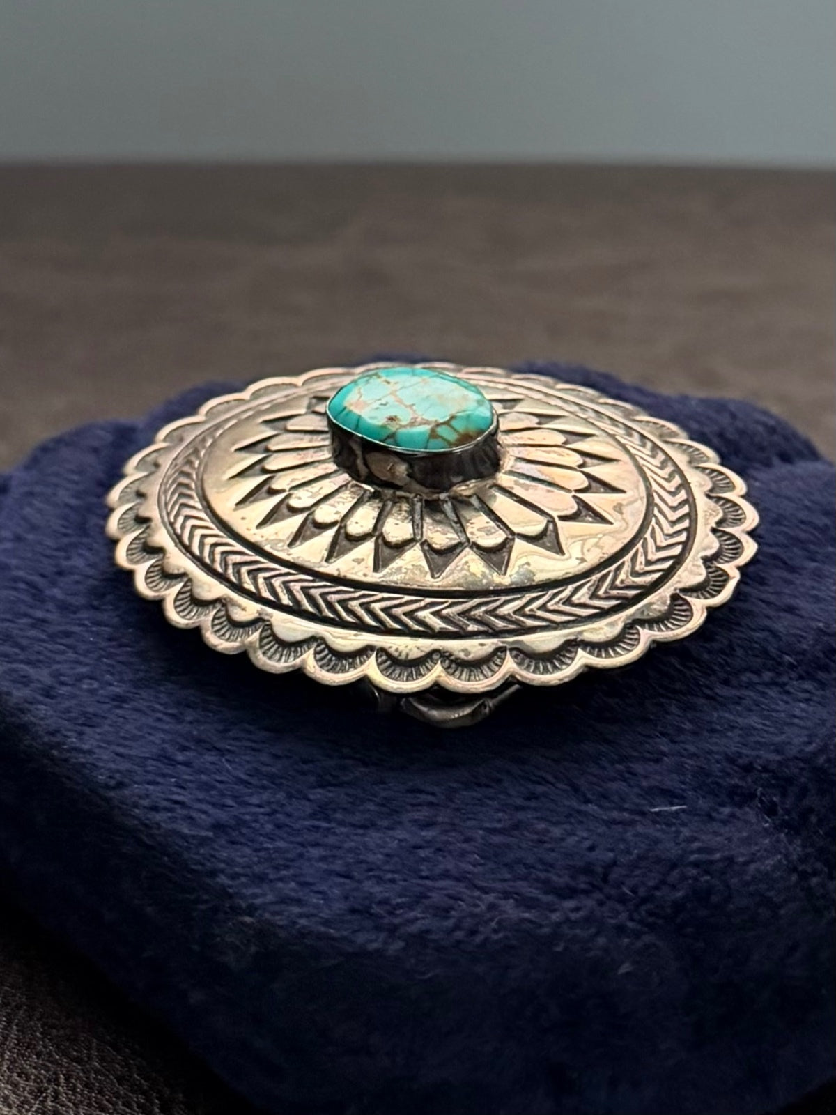 1970s 1980s Signed Navajo EC Sterling Silver Genuine Turquoise Concho Belt Buckle