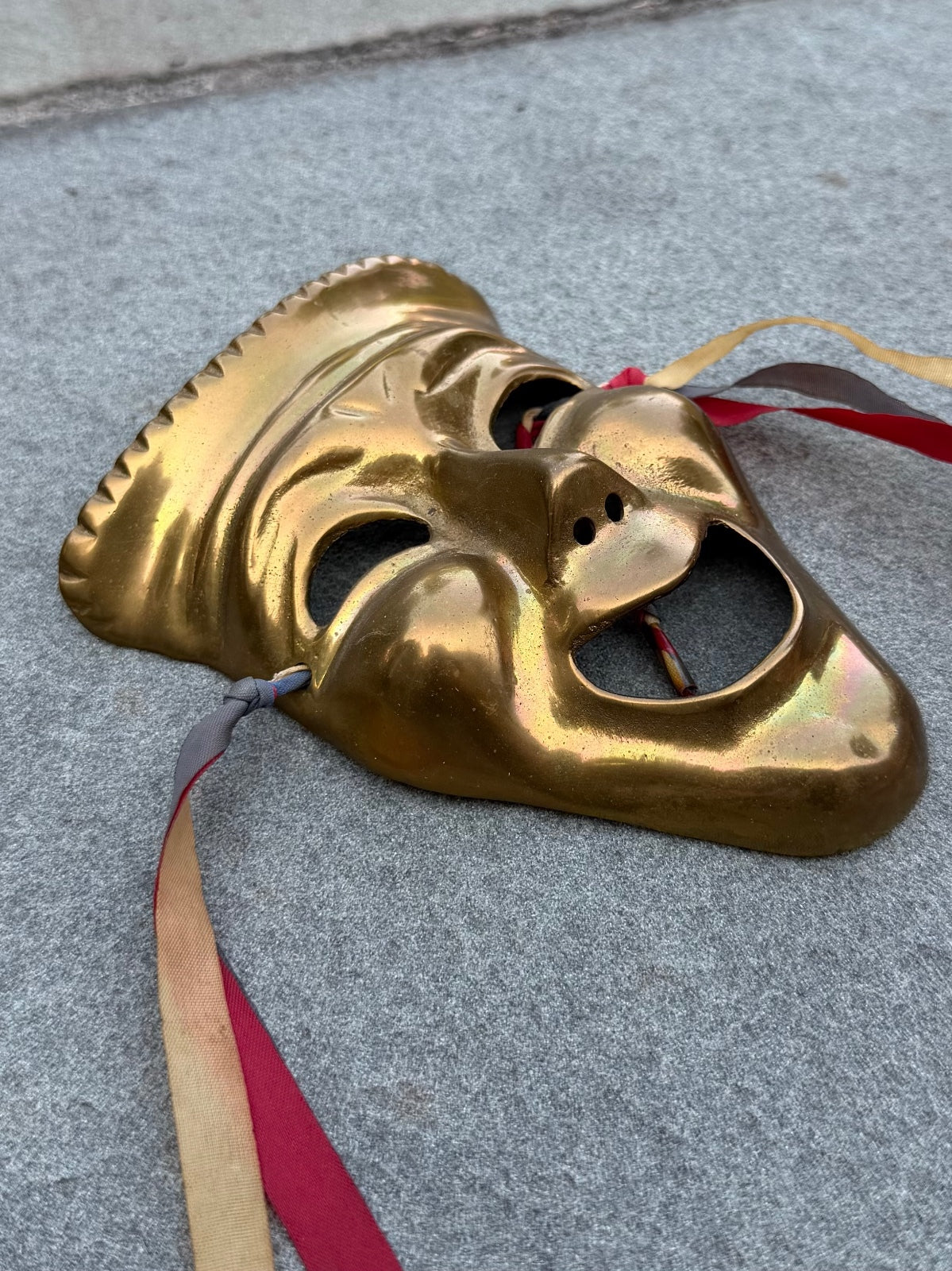 Vintage Midcentury Solid Brass Comedy and Tragedy Theater Wall Masks with Ribbon