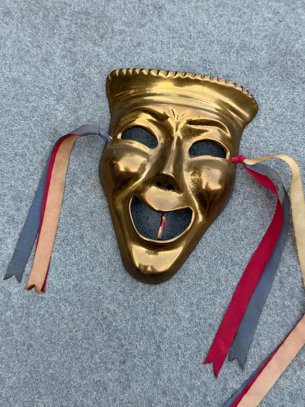 Vintage Midcentury Solid Brass Comedy and Tragedy Theater Wall Masks with Ribbon