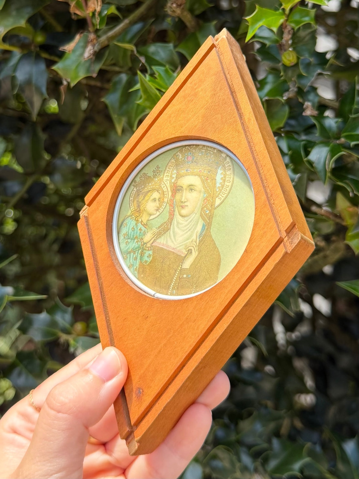 1950s Diamond Shaped Wood Saint Anne de Beaupre Souvenir Quebec Wall Decor