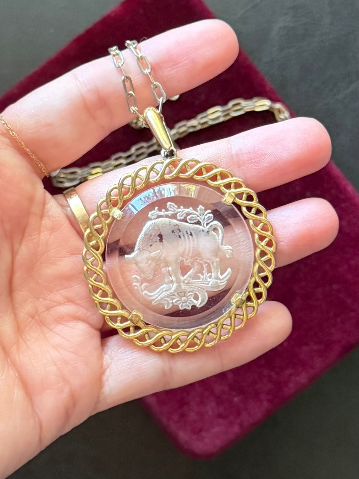 1970s Crown Trifari Gold Tone Intaglio Glass Taurus Bull Pendant Necklace