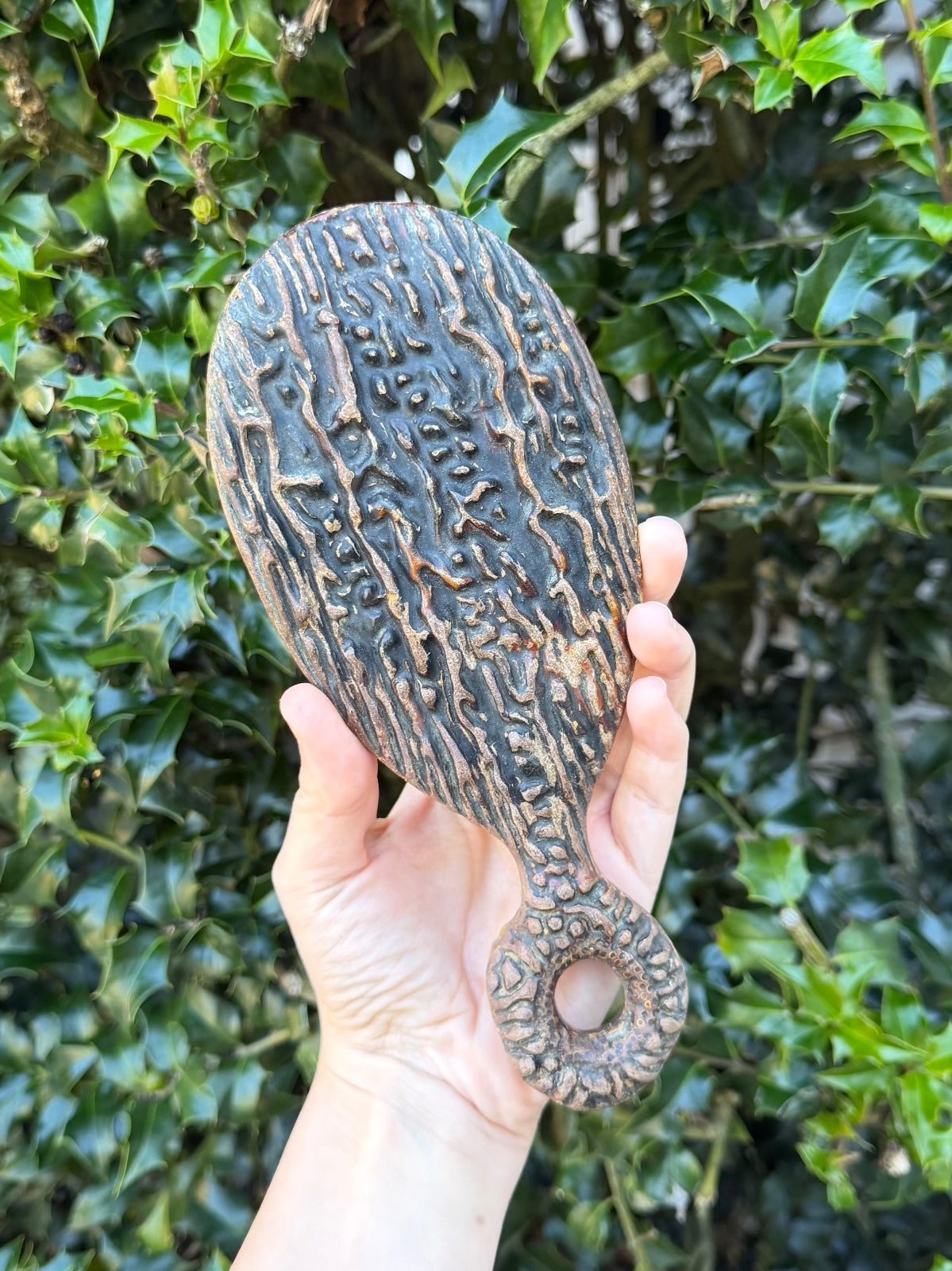 Antique Victorian Folk Art Faux Bois Antler Horn Beveled Glass Hand Mirror