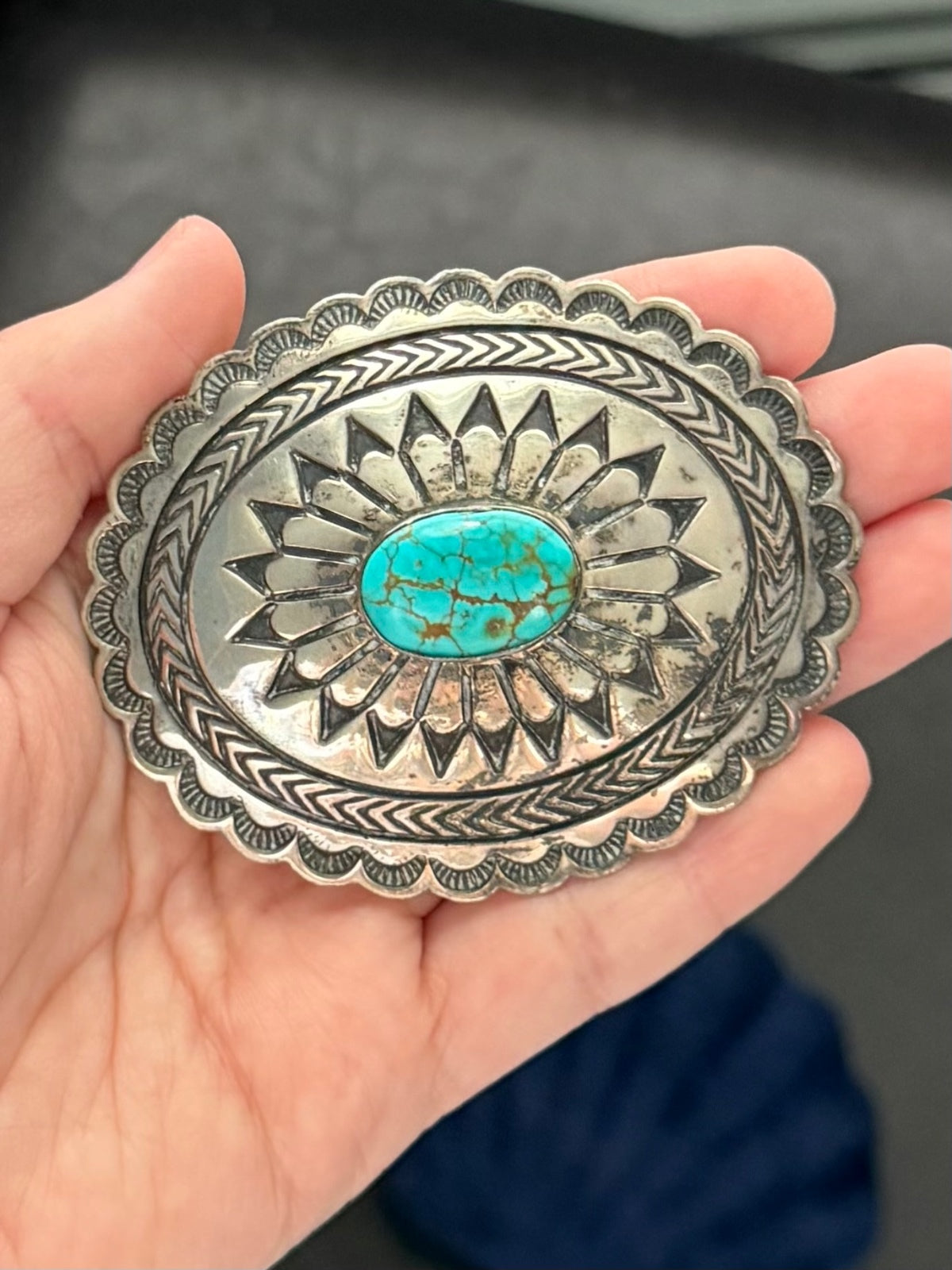 1970s 1980s Signed Navajo EC Sterling Silver Genuine Turquoise Concho Belt Buckle