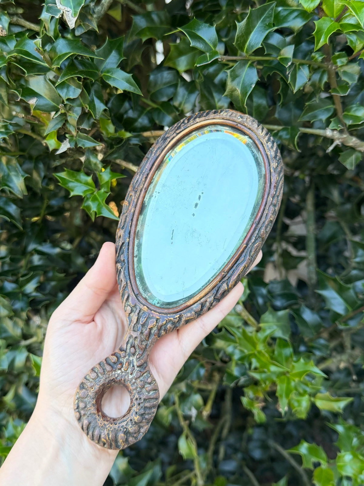 Antique Victorian Folk Art Faux Bois Antler Horn Beveled Glass Hand Mirror