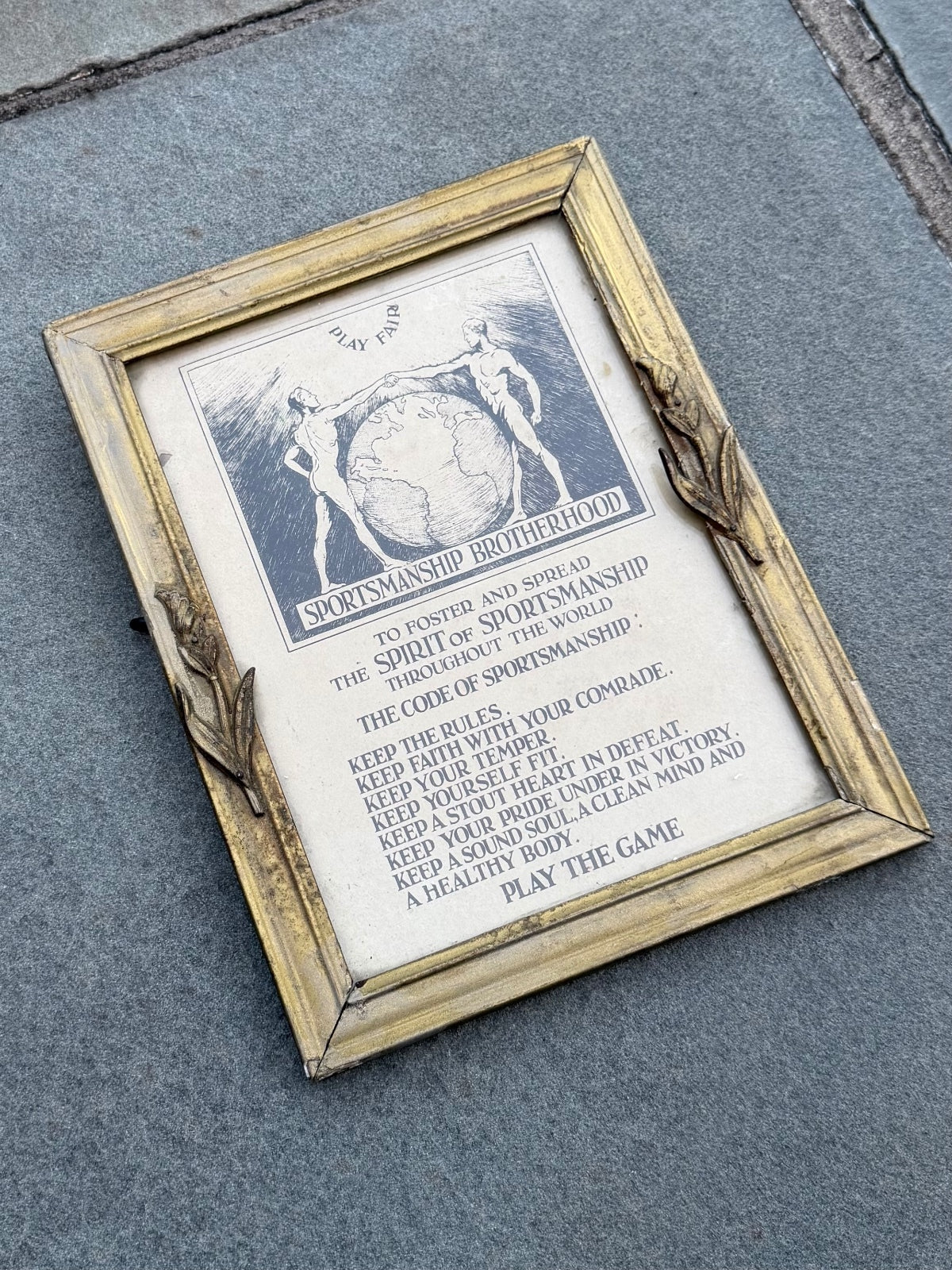 Antique 1920s 1930s Framed Art Deco Sportsmanship Brotherhood Fair Play Code