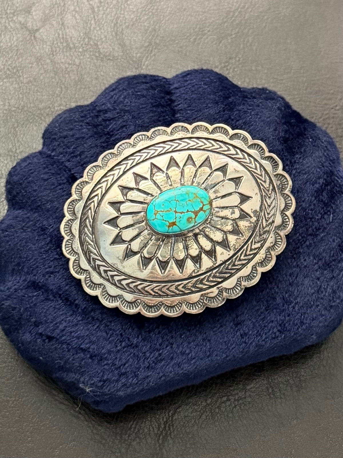 1970s 1980s Signed Navajo EC Sterling Silver Genuine Turquoise Concho Belt Buckle