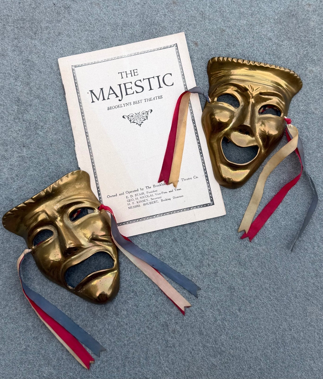 Vintage Midcentury Solid Brass Comedy and Tragedy Theater Wall Masks with Ribbon