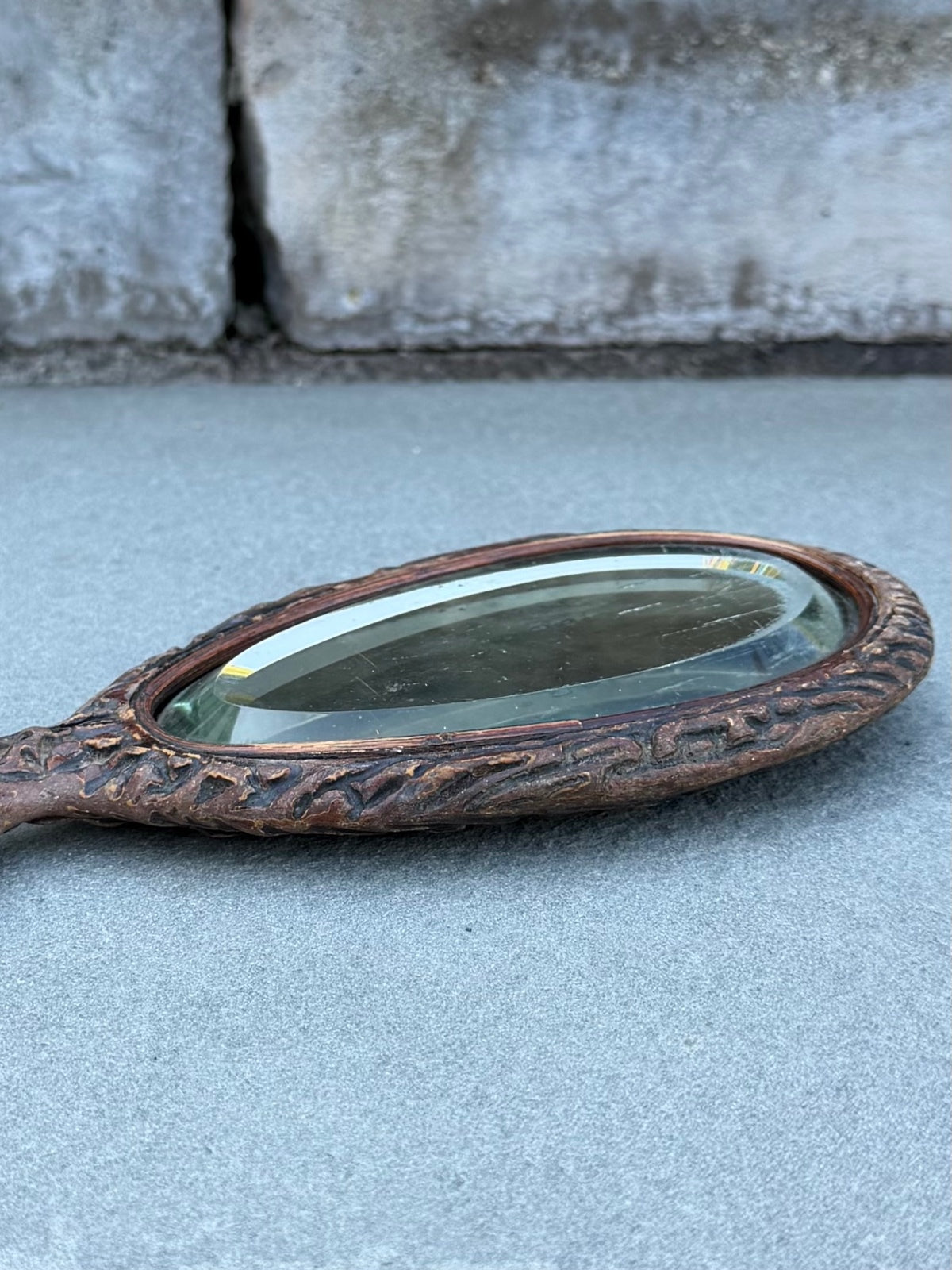 Antique Victorian Folk Art Faux Bois Antler Horn Beveled Glass Hand Mirror