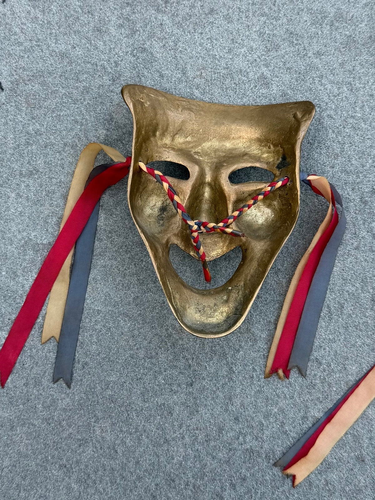 Vintage Midcentury Solid Brass Comedy and Tragedy Theater Wall Masks with Ribbon