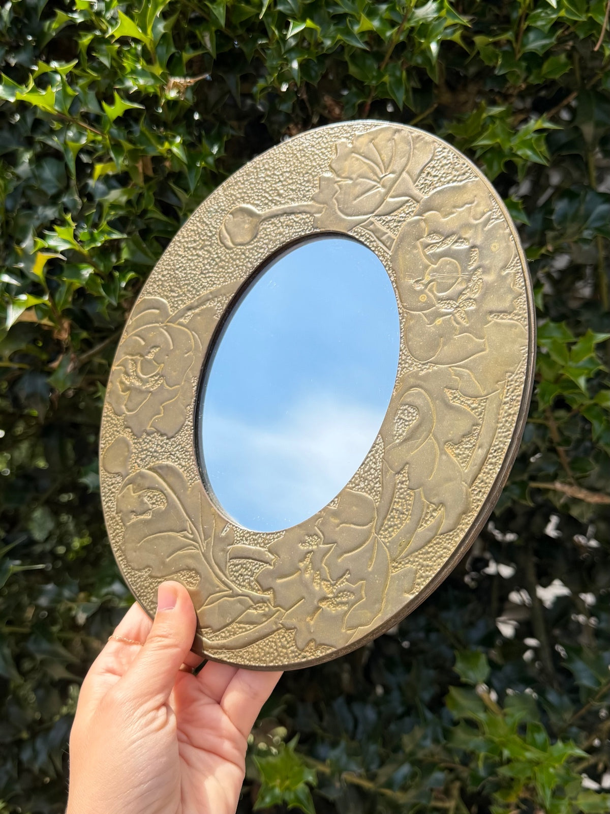 Antique Turn of the Century Arts & Crafts Era Oval Punched Brass Mirror 9.3x7.9"