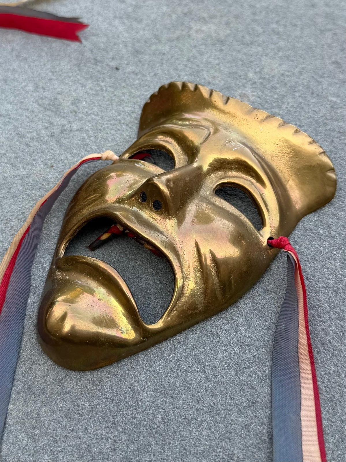 Vintage Midcentury Solid Brass Comedy and Tragedy Theater Wall Masks with Ribbon