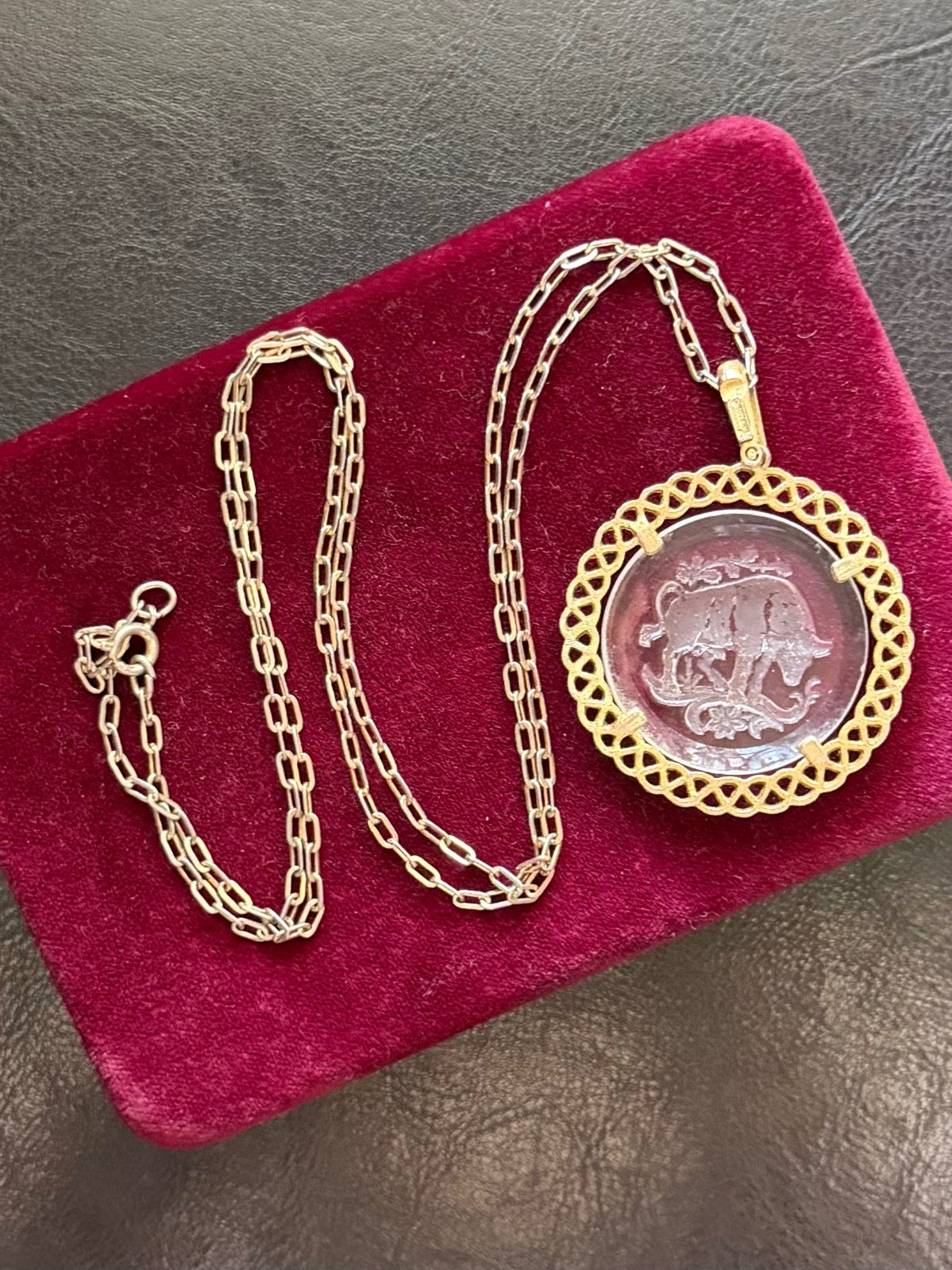 1970s Crown Trifari Gold Tone Intaglio Glass Taurus Bull Pendant Necklace