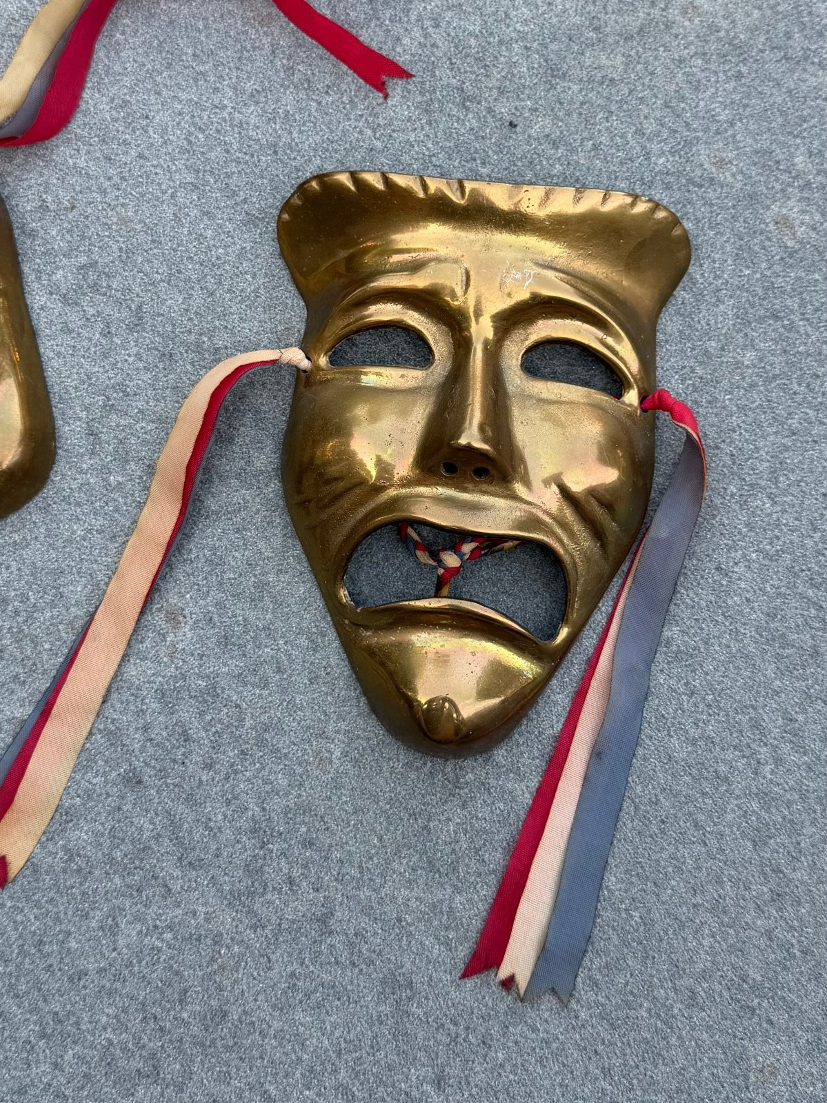 Vintage Midcentury Solid Brass Comedy and Tragedy Theater Wall Masks with Ribbon