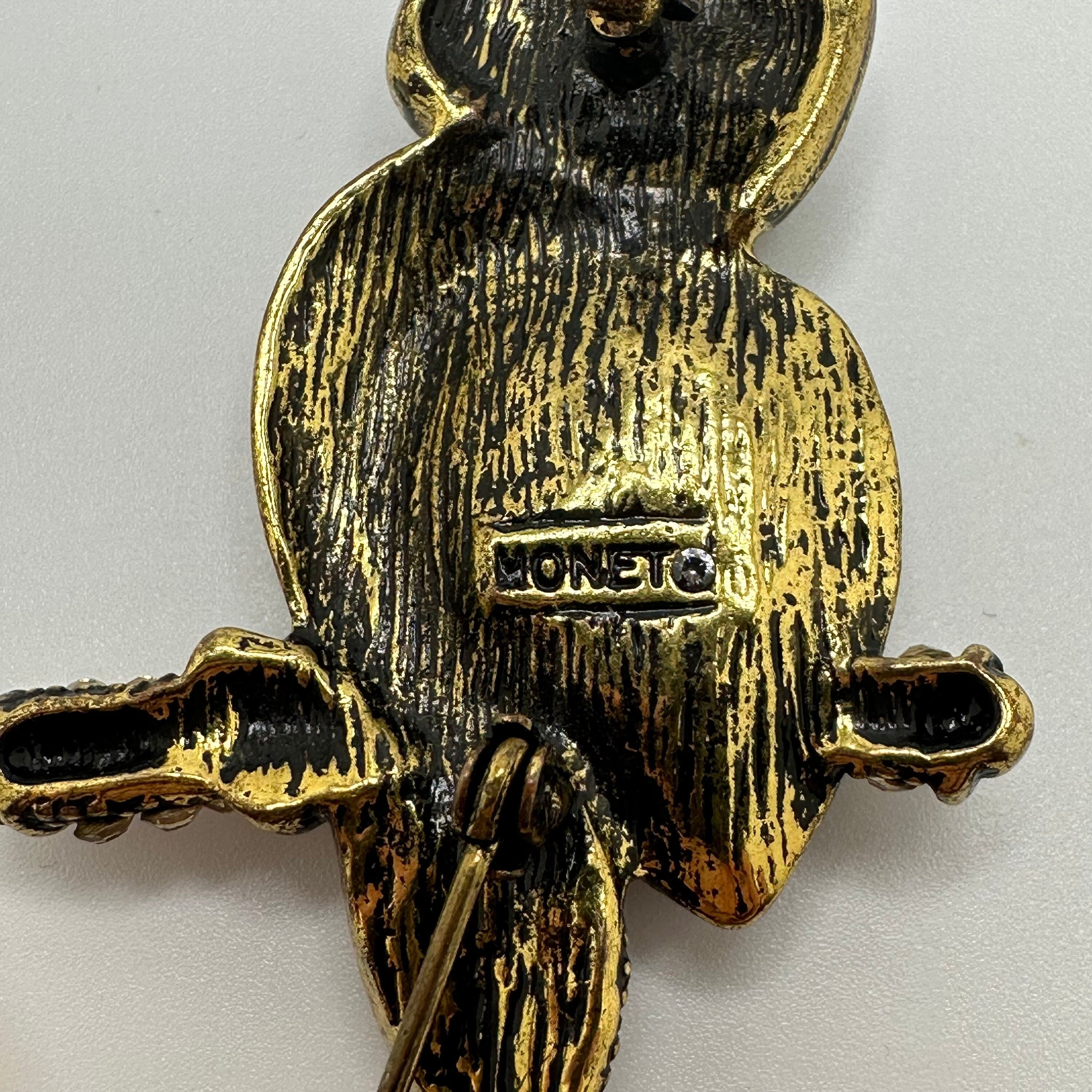 Vintage Signed Monet Gold Tone Owl Brooch Pin with Pink Rhinestones Large Orange Faceted Stone