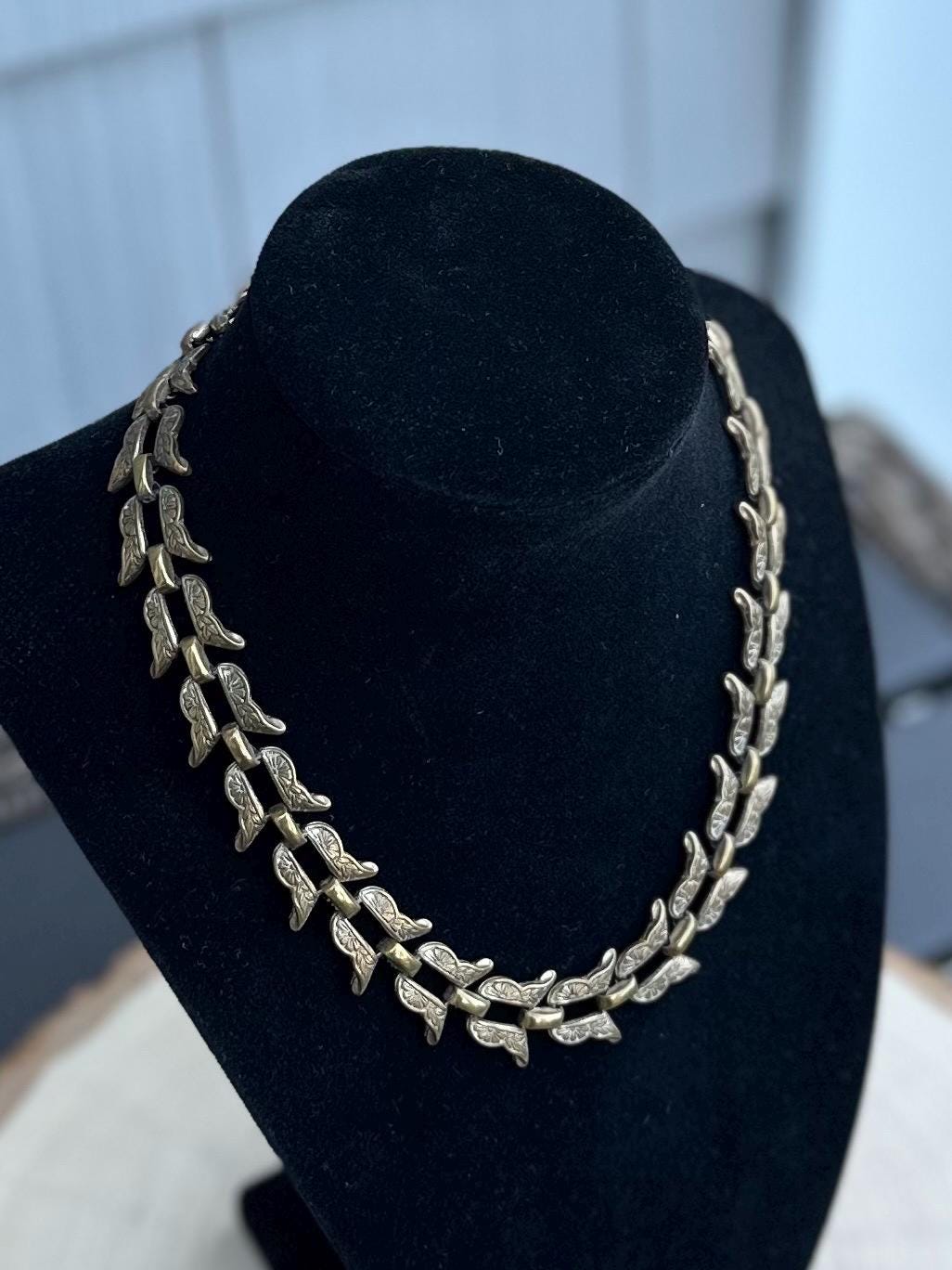 Vintage 1940s 1950s Signed BY MARINO Bronze Tone Floral Etched Link Chain Necklace RARE Midcentury 15.75”