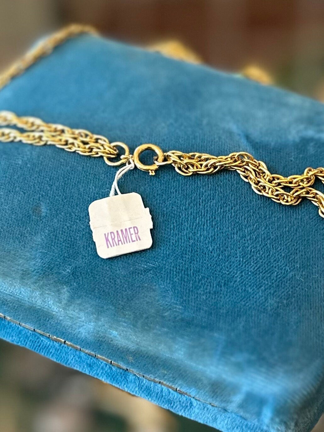 Vintage 1960s Unsigned KRAMER Gold Tone Etruscan Revival Enamel Pendant Statement Necklace 15.5" RARE NWT