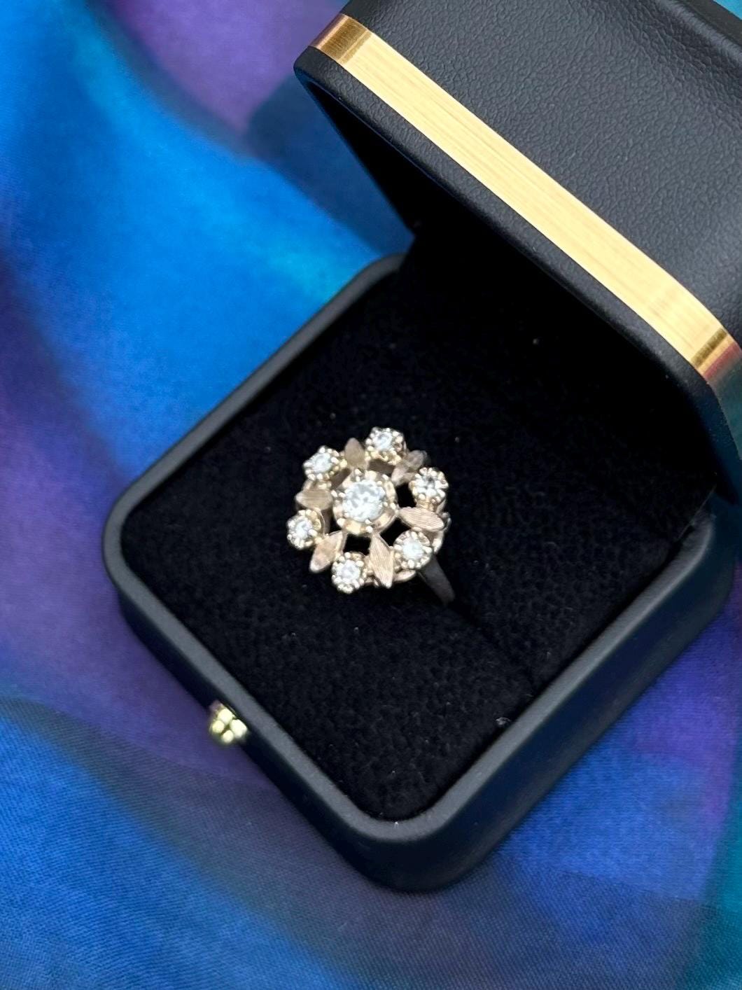 Vintage Circa 1950s Sterling Silver Simulated Diamond CZ Halo Cluster Floral Statement Ring US Size 6 3/4