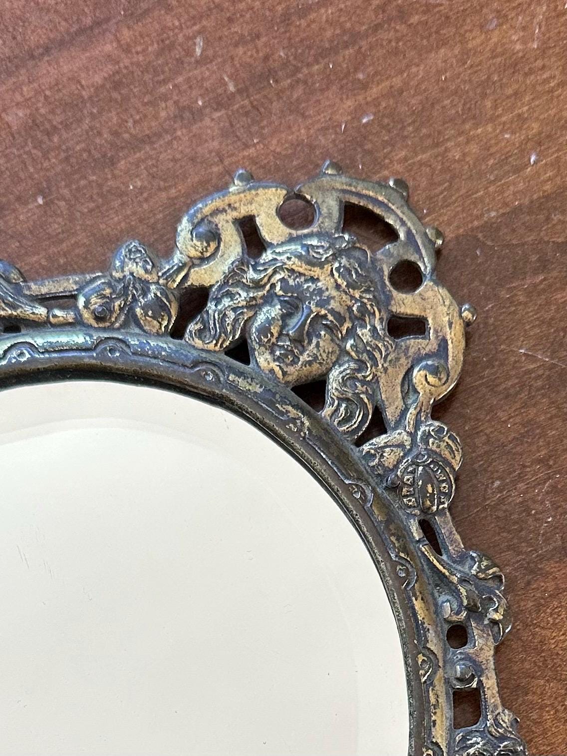 RARE 19th Century Antique Victorian Brass & Black Ebony Wood Beveled Glass Vanity Hand Mirror with Florals, Vines, and Lady Head Art Nouveau