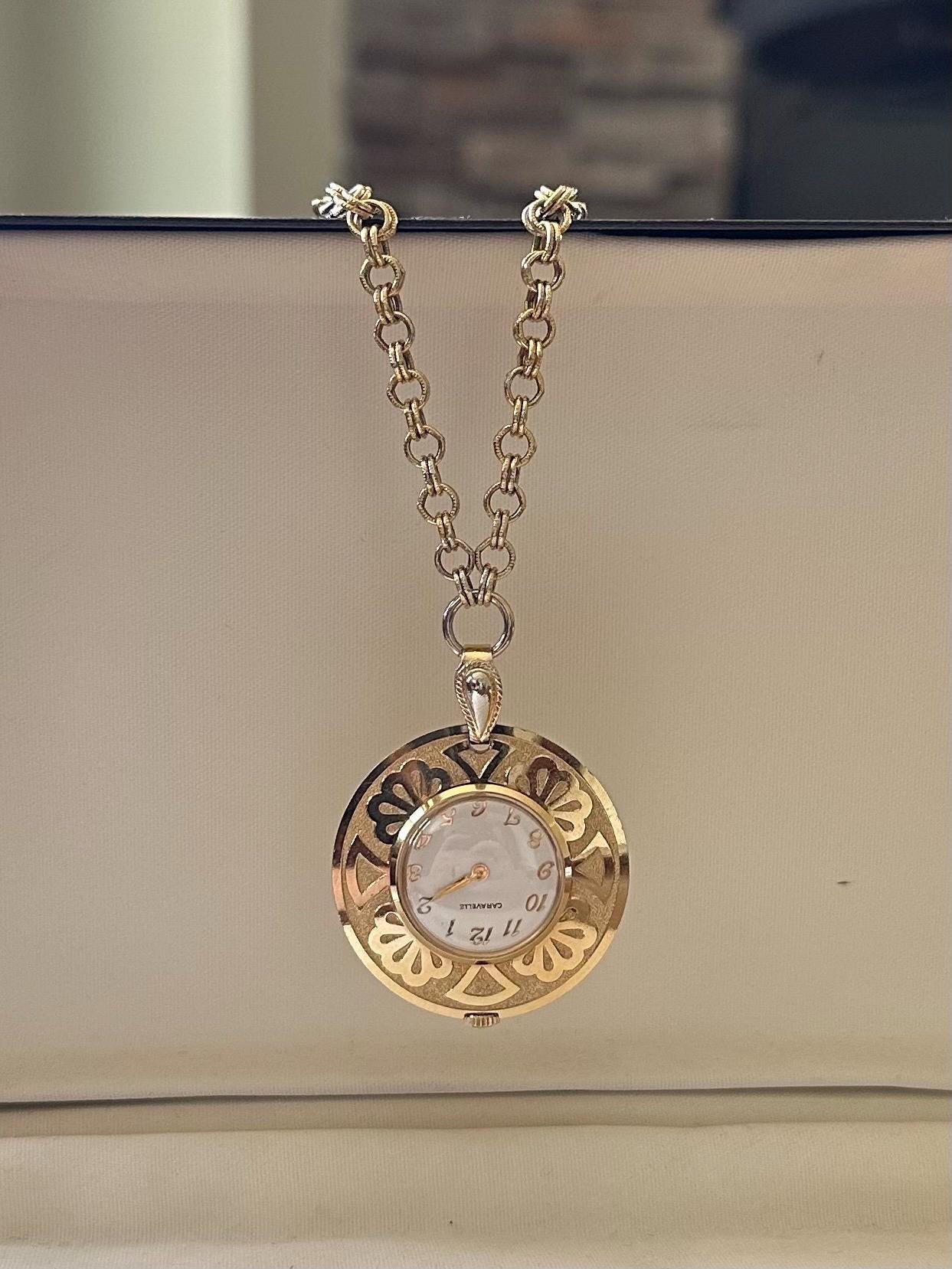Vintage Midcentury Caravelle by Bulova Gold Plated Swiss Watch Pendant Necklace 24.25" | Needs Battery