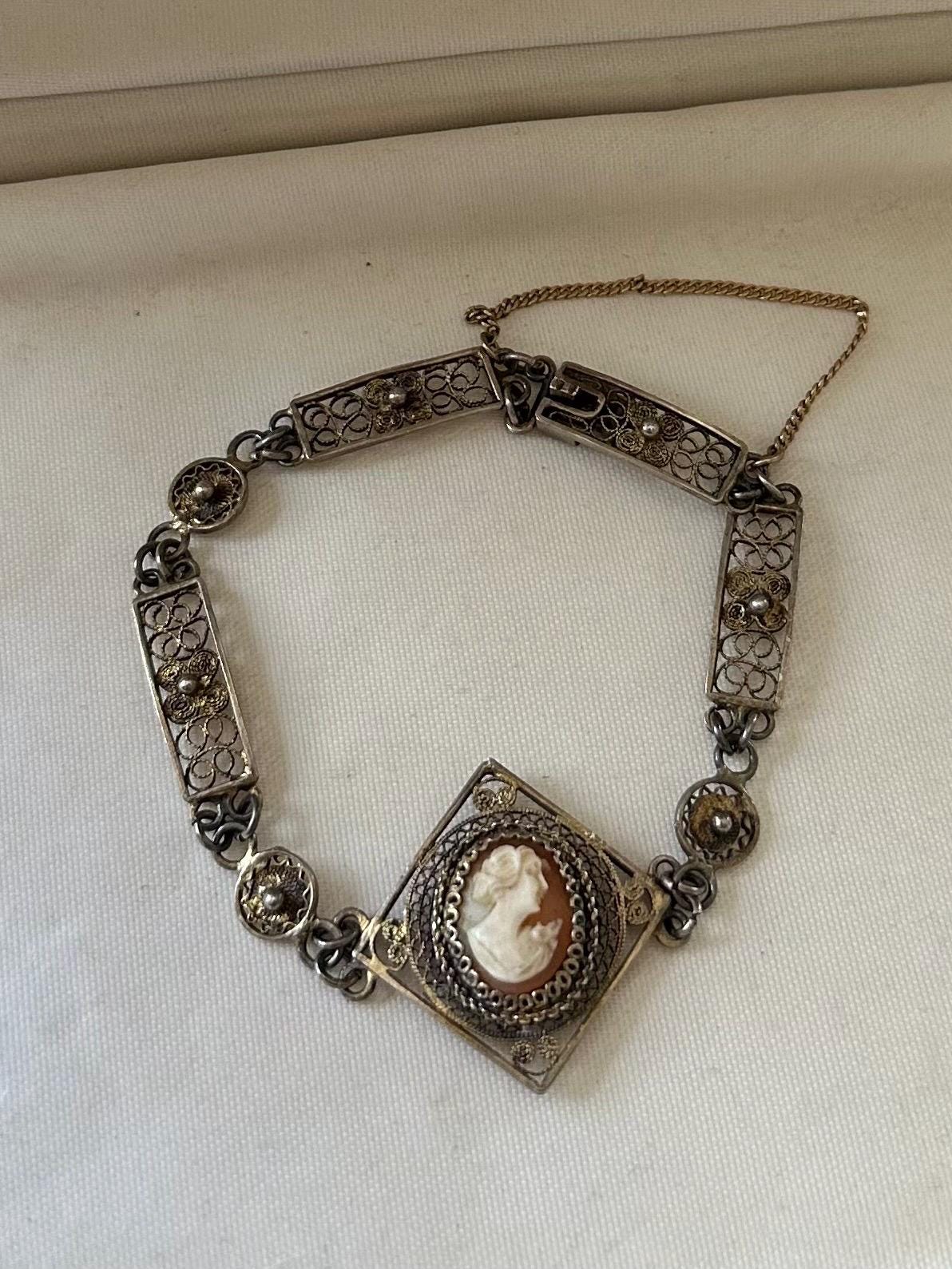 Vintage European 800 Silver Gold Gilt Delicate Filigree Hand Carved Shell Cameo Panel Link Bracelet