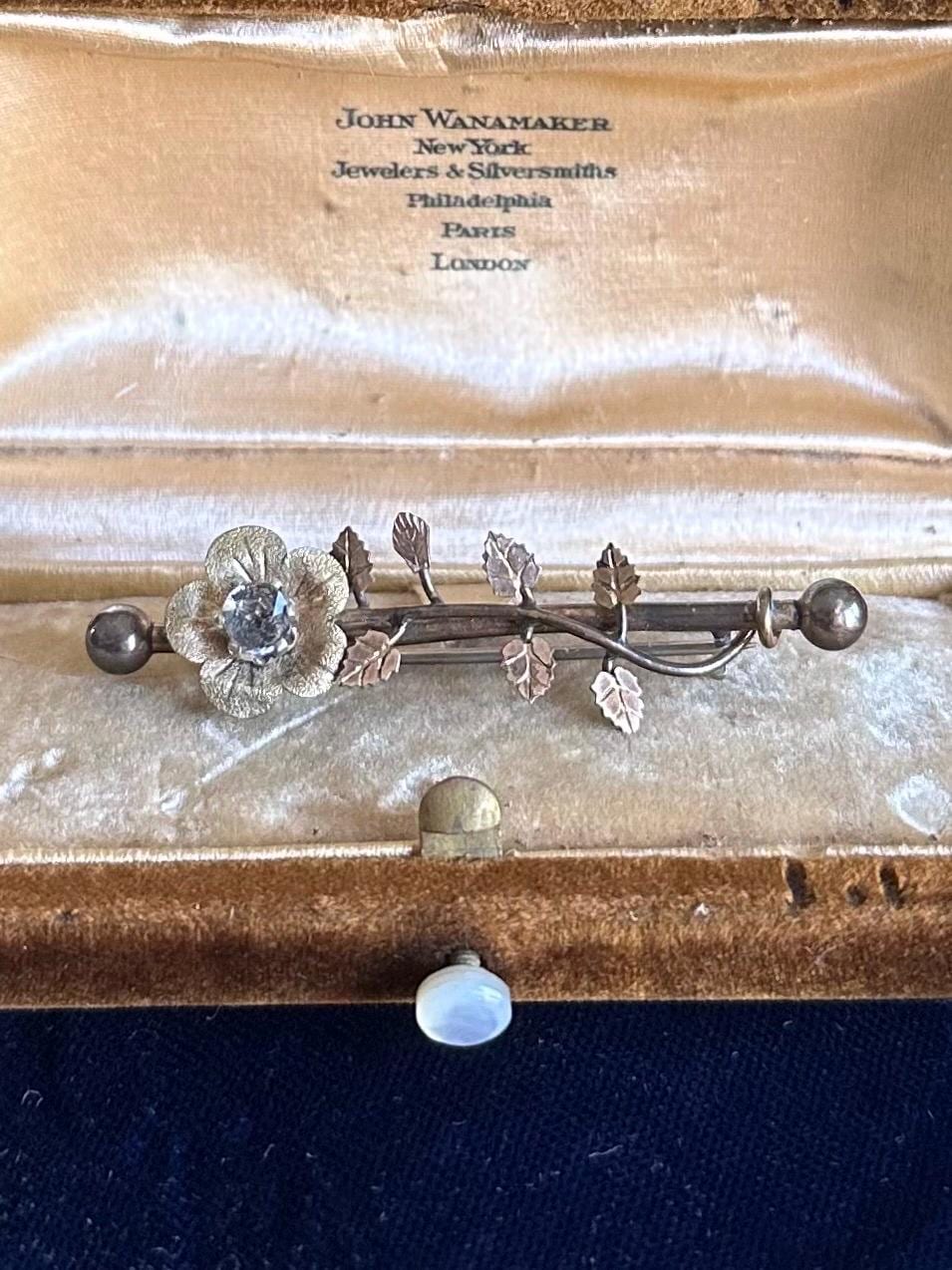 Antique Circa 19th Century Victorian Era Gold Filled Clear Paste Floral Leaf Vine Bar Pin Brooch C-Clasp