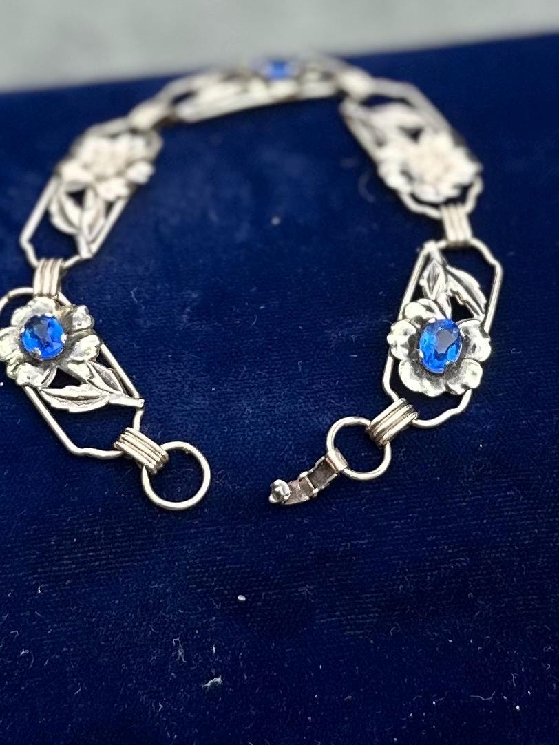 Vintage 1930s Signed Providence Stock Co. 1/20 12k Gold Filled Sterling Silver Floral Blue Rhinestone Link Bracelet