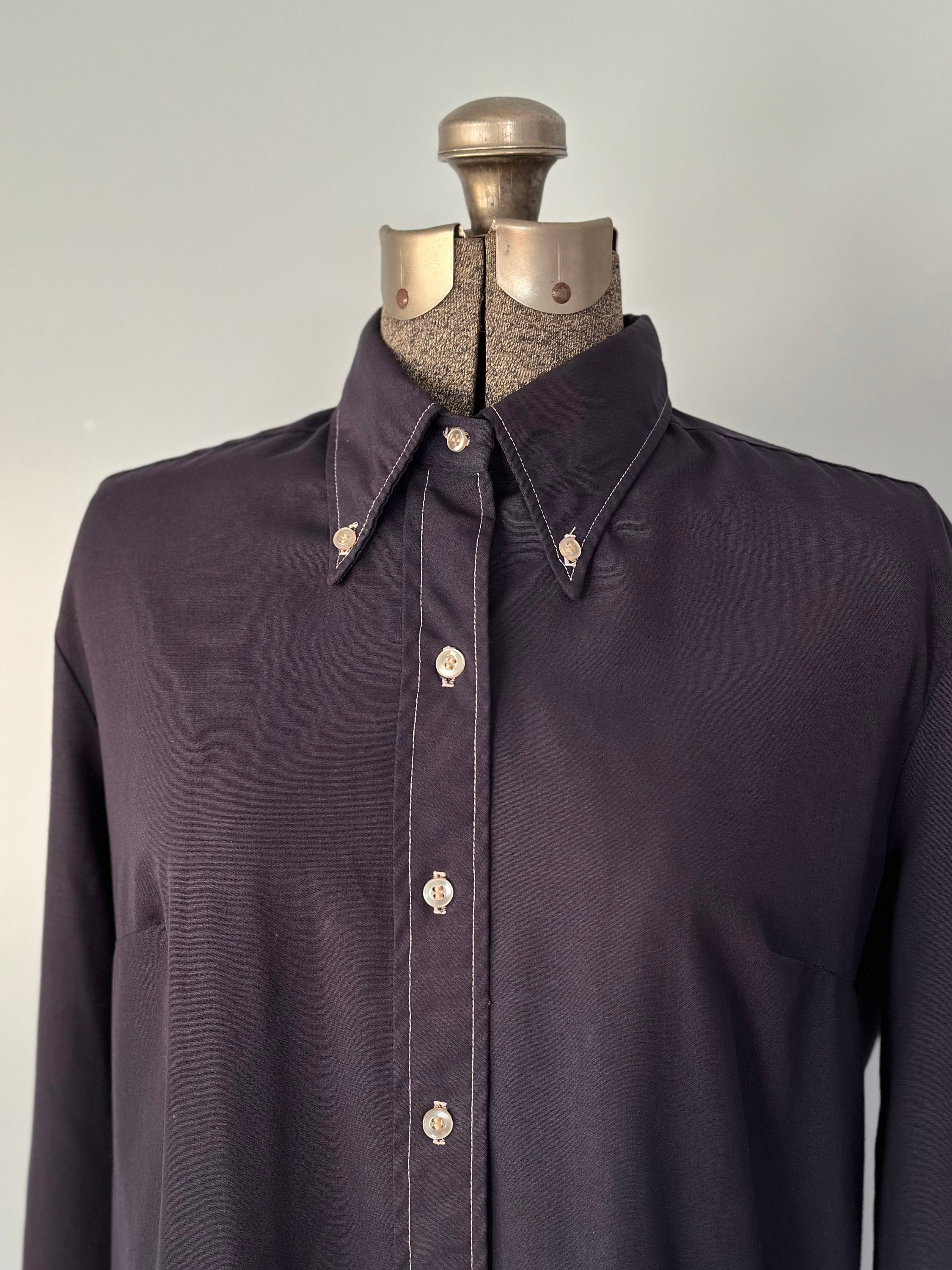 Vintage 1970s Cobbies by Cos Cob Navy Blue Collar Button-Up Women's Long Sleeve Shirt Dress