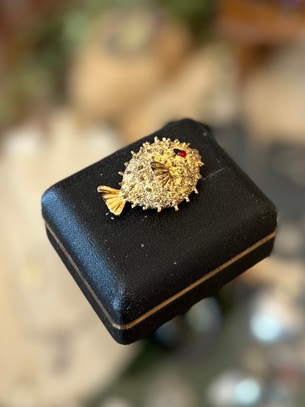 Vintage Signed AC Blowfish Puffer Fish Rhinestone Ruby Eye Sterling Silver & Gold Vermeil Pin Brooch
